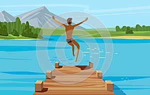 Vacation, weekend, relax concept. Young man jumping into lake or water. Vector illustration