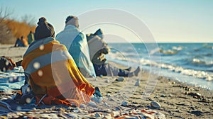 Vacationers on a chilly seaside beach, wrapped in blankets, bravely sunbathe under the weak winter sun