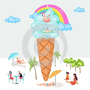 Vacationers folk, sea beach, tiny people over blue abstract ice cream, fun time, design, cartoon style vector photo