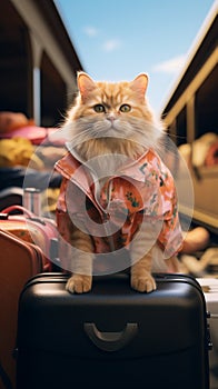 Vacationing kitty Humorous portrayal of a cats travel escapade