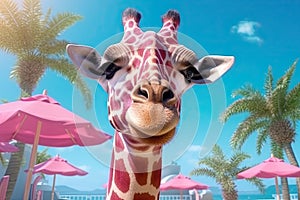Vacations of giraffe, cute anomal by the pool, ai generative
