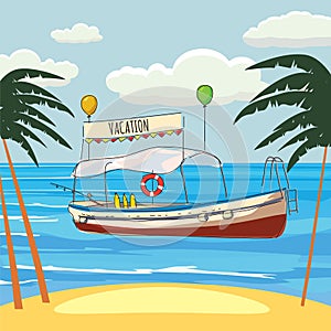 Vacations, leisure boat, palm, banner, vector illustration, cartoon style, isolated