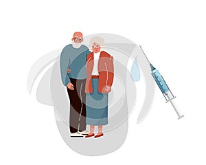 Vaccinate elderly vector background. Old couple hugging and smiling in heart shape with safety protect vaccine syringe