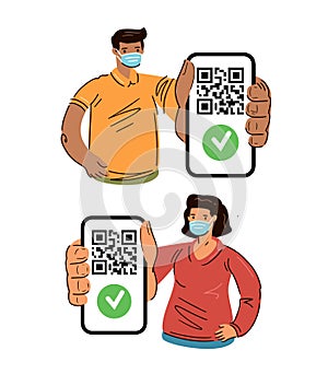 Vaccinated digital certificate passport on device screen. Man and woman with smartphone QR code. Vector illustration