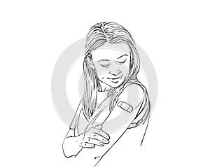 Vaccinated people illustration, Young female looking her arm after vaccination during covid-19 immunization program