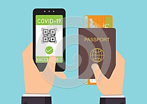 Vaccinated person using digital health passport app in mobile phone for travel during covid-19 pandemic