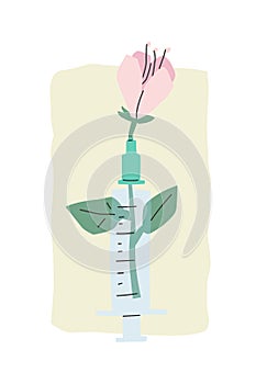 Vaccination against coronavirus, the symbolic flower of life in a syringe.