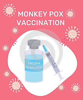 Vaccination against monkeypox virus. A bottle with a vaccine for immunization and a syringe for blood sampling. Monkeypox pandemic