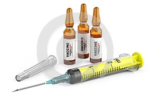 Vaccination against sars virus, coronavirus. Syringe for injecting vaccine and ampoule with the drug. Infection pneumonia