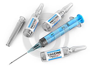 Vaccination against sars virus, coronavirus. Syringe for injecting vaccine and ampoule with the drug. Infection pneumonia