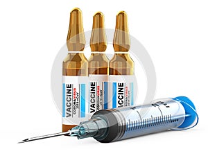 Vaccination against sars virus, coronavirus. Syringe for injecting vaccine and ampoule with the drug. Infection pneumonia