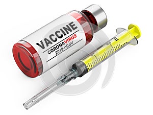 Vaccination against sars virus, coronavirus. Syringe for injecting vaccine and bottle with the drug. Infection pneumonia