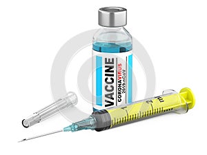 Vaccination against sars virus, coronavirus. Syringe for injecting vaccine and bottle with the drug. Infection pneumonia