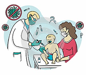 Vaccination babies. Doctor makes a shot of vaccine to a baby boy, with a mother.Vector illustration in doodle style.