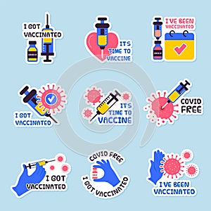 Vaccination badges. Healthcare attention labels medicine prevention symbols syringe icon labels announced quotes recent