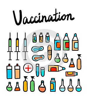 Vaccination colorful illustration with medical elements hand drawn minimalism for pediatrics therapy and neonatology