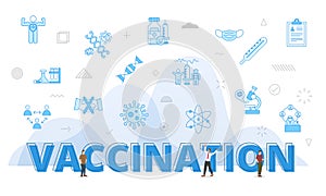 vaccination concept with big words and people surrounded by related icon with blue color style