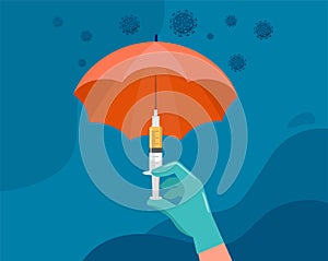 Vaccination concept design. Time to vaccinate banner. Umbrella-shaped syringe with vaccine for COVID-19, flu or