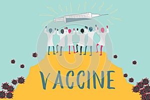 Vaccination concept, doctors rejoice at the victory of the invention of a vaccine over viruses and diseases. Doodle vector illustr