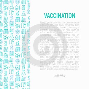 Vaccination concept with thin line icons: vaccine, syringe, ampoule, vial, microscope, virus, DNA, hospital, ambulance. Vector il