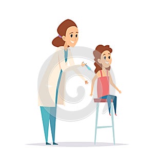 Vaccination. Flu virus protection, nurse syringe. Cartoon little girl and pediatrist. Children disease prevention vector