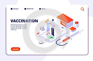 Vaccination isometric concept. Flu prevention child healthcare. Adult and kids immunization, flu injection shot vector