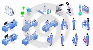 Vaccination isometric set of isolated medical equipment icons images of viruses calendar and working doctors characters vector