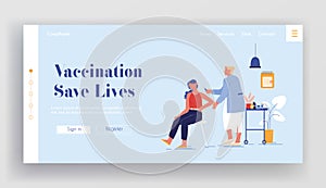 Vaccination Landing Page Template. Doctor Character Injecting Shot Vaccine to Patient Arm