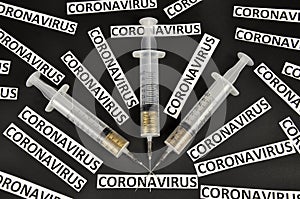 Vaccination. Medical syringes and coins