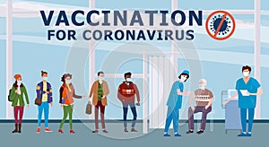 Vaccination people for COVID-19. Immunity health doctor and nurse makes injection of coronavirus in hospital. Patients