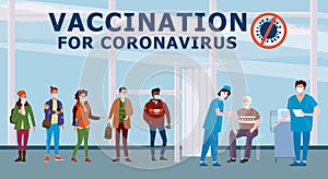 Vaccination people for COVID-19. Immunity health doctor and nurse makes injection of coronavirus in hospital. Patients photo