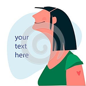 Vaccination time, Stop coronavirus concept. Happy woman after vaccination. Vector illustration with place for your text