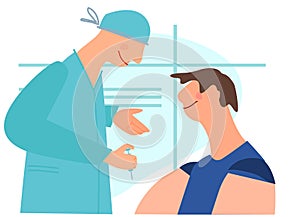 Vaccination time, Stop coronavirus concept. Doctor prepairing to inoculate male patient, making injection in shoulder