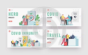Vaccination for Travelers, Covid Immune Medical Certificate Landing Page Template Set. Characters Getting Vaccine