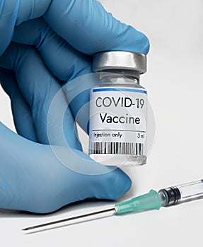 Vaccine against coronavirus COVID-19 in vial at Pfizer USA laboratory photo