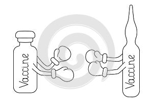 Vaccine. Ampoule and vial. Sketch. Vaccines put on boxing gloves and wrestle. Vector illustration. Two glass containers.