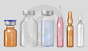 Vaccine ampules. Medical liquid drugs pharmaceutical injection in transparent glass ampules decent vector realistic