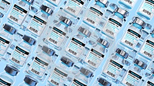 Vaccine bottle on light blue background, Corona virus vaccine, Covid-19 vaccine manufacture. Science of life