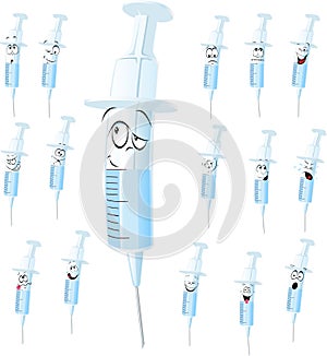 Vaccine Cartoon with Many Facial Expressions - Vector Illustration Isolated on White