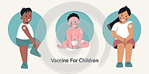 Vaccine for children or Kids after vaccination concept. Little girl and boy with plaster on shoulder from injection
