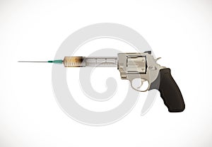 Vaccine concept - syringe as revolver hand gun with sign - poison or cure photo