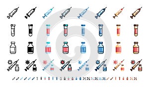 Vaccine for Covid-19, Coronavirus. 8 Styles Icons. Such Icons as Line, Outline, Solid Glyph, Flat, Monochrome, Gradient, 64x64