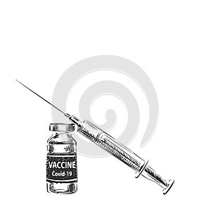 Vaccine Covid-19 Coronavirus vial medicine bottle and syringe vector drawing. Hand drawn ampoule for injection isolated
