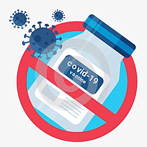 Vaccine Covid-19, stop sign. The concept of forgery, fake fraud. Vector illustration. Flat design photo