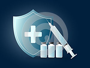 Vaccine and cross shield isolated on blue background.