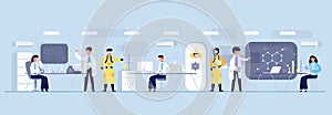 Vaccine development concept. Scientists biochemical laboratory spend bio-genetic tests coronovirus. photo