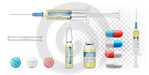 Vaccine influenza flu in a syringe. Vector Realistic pharmaceutical capsules, transparent bottle and ampoule.