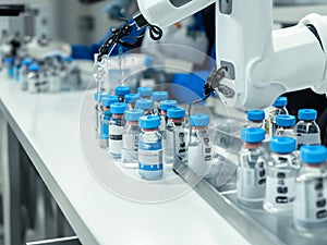 Vaccine Production with modern automatic robot technology in pharmaceutical factory, concept