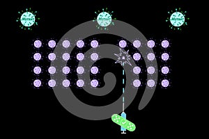 Vaccine retro computer game banner. vaccine syringe shooting virus and mutant invaders