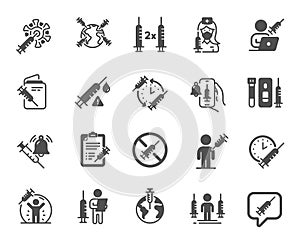 Vaccine simple icons. Corona jab, Medical Syringe, Vaccination passport icons. Covid vaccine, human jabbed. Vector photo